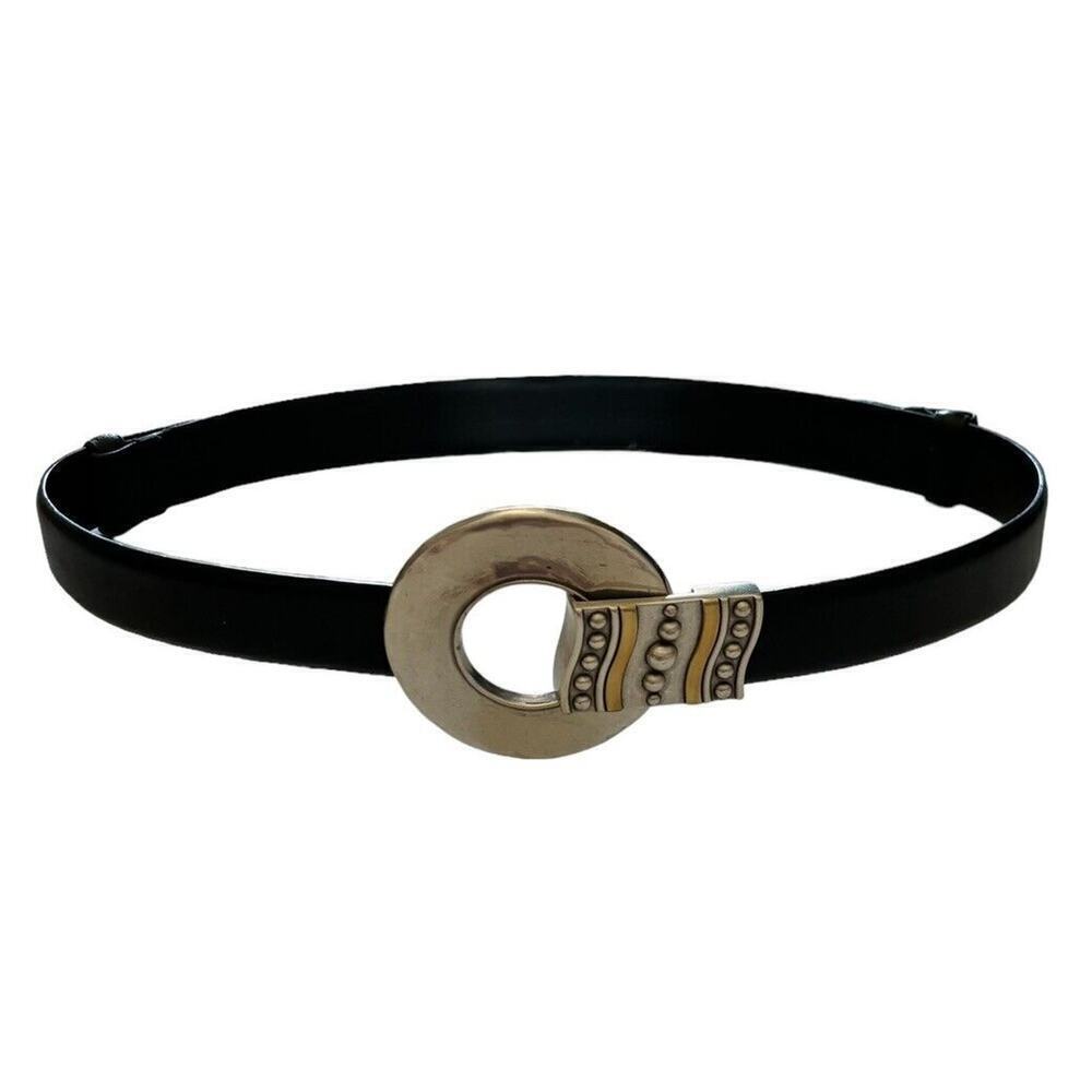 CHICO'S Women's Black Leather Large Circle Buckle Belt Size S/M With Hook
